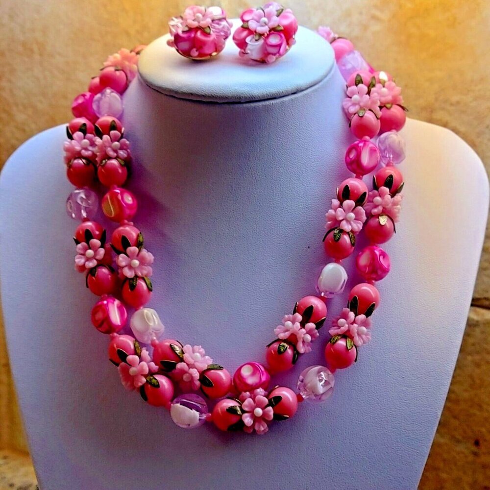 Fun Pink 1950s Demi Parure Set Signed Hong Kong Clip Earrings and Double Strand